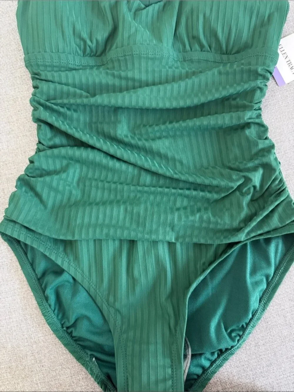 Ellen Tracy Emerald Green Ribbed One Piece Swimsuit Ruched Size XS